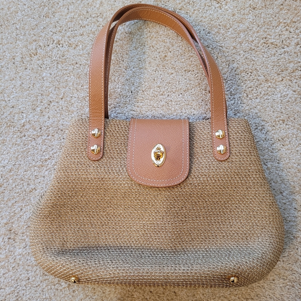 Eric Javits Raffia Woven Straw Leather Trim Hand Bag - Natural Tan Two Tone
